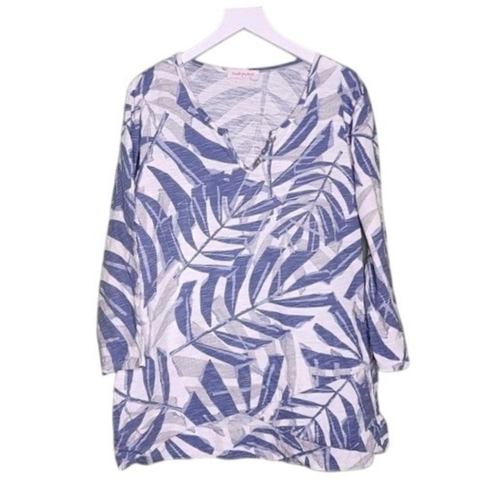 Fresh Produce Split V-Neck Tunic Top Blue White Palm Print Coastal Resort USA S